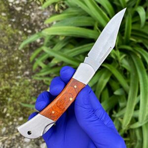 Rtek 3.75" Spanish Brown Wood Handle Pocket Knife, Lockback Traditional Folding Knife for Outdoor, Survival, EDC, Camping, and Every Day Carry, Gifts for Men
