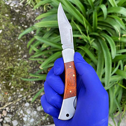 Rtek 3.75" Spanish Brown Wood Handle Pocket Knife, Lockback Traditional Folding Knife for Outdoor, Survival, EDC, Camping, and Every Day Carry, Gifts for Men