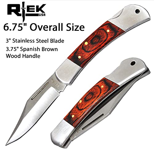 Rtek 3.75" Spanish Brown Wood Handle Pocket Knife, Lockback Traditional Folding Knife for Outdoor, Survival, EDC, Camping, and Every Day Carry, Gifts for Men