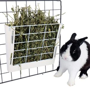 rubyhome hay feeder for rabbits, guinea pigs, and chinchillas - minimize waste and mess with 9 1/4" x 3 3/4" x 8" hanging alfalfa and timothy hay dispenser (white)