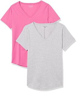 amazon essentials women's classic-fit 100% cotton short-sleeve v-neck t-shirt (available in plus size), pack of 2, light grey heather/bright pink, large