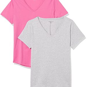 Amazon Essentials Women's Classic-Fit 100% Cotton Short-Sleeve V-Neck T-Shirt (Available in Plus Size), Pack of 2, Light Grey Heather/Bright Pink, Large