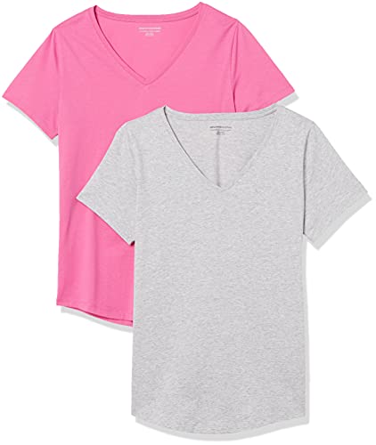 Amazon Essentials Women's Classic-Fit 100% Cotton Short-Sleeve V-Neck T-Shirt (Available in Plus Size), Pack of 2, Light Grey Heather/Bright Pink, Large