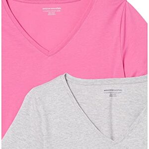Amazon Essentials Women's Classic-Fit 100% Cotton Short-Sleeve V-Neck T-Shirt (Available in Plus Size), Pack of 2, Light Grey Heather/Bright Pink, Large