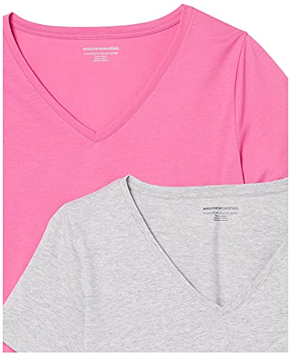 Amazon Essentials Women's Classic-Fit 100% Cotton Short-Sleeve V-Neck T-Shirt (Available in Plus Size), Pack of 2, Light Grey Heather/Bright Pink, Large