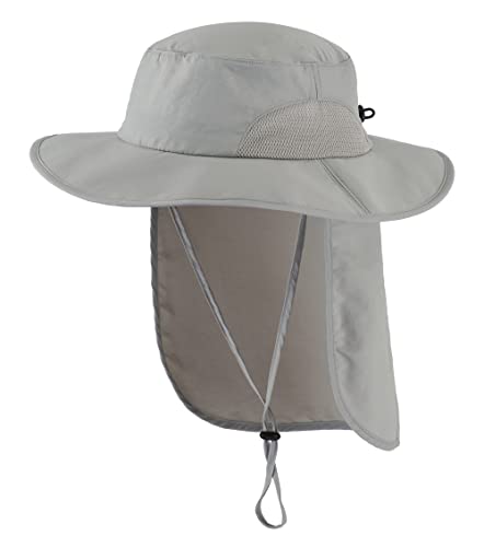 Home Prefer UPF50+ Mens Sun Hat with Neck Flap Wide Brim Mesh Fishing Hat Windproof Safari Hat Light Grey