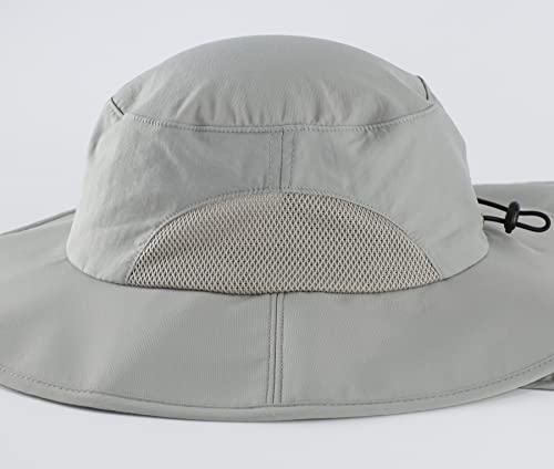 Home Prefer UPF50+ Mens Sun Hat with Neck Flap Wide Brim Mesh Fishing Hat Windproof Safari Hat Light Grey