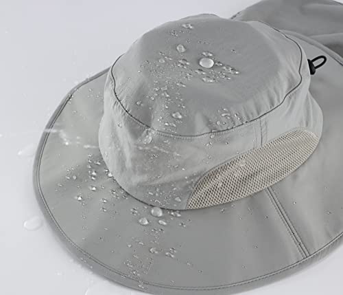 Home Prefer UPF50+ Mens Sun Hat with Neck Flap Wide Brim Mesh Fishing Hat Windproof Safari Hat Light Grey