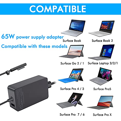 Surface Pro Charger, 65W Power Adapter for Microsoft Surface Pro X 3 4 5 6 7 7+ 8 9, Surface Laptop 5 4/3/2/1, Surface Laptop Go/Go 2/ Go 3 Power Supply Cord