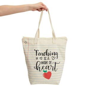 Sparkle and Bash Canvas Tote Bag for Teacher Appreciation Gifts, Teaching is a Work of Heart (14.5 x 15 x 6 In)