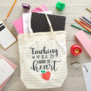 Sparkle and Bash Canvas Tote Bag for Teacher Appreciation Gifts, Teaching is a Work of Heart (14.5 x 15 x 6 In)