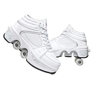 double-row deform wheel automatic walking shoes invisible deformation roller skate 2 in 1 removable pulley skates skating rollerskates outdoor parkour shoes with wheels for girls boys,white high,us 6