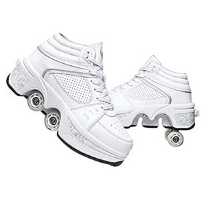 Double-Row Deform Wheel Automatic Walking Shoes Invisible Deformation Roller Skate 2 in 1 Removable Pulley Skates Skating Rollerskates Outdoor Parkour Shoes with Wheels for Girls Boys,White high,US 6