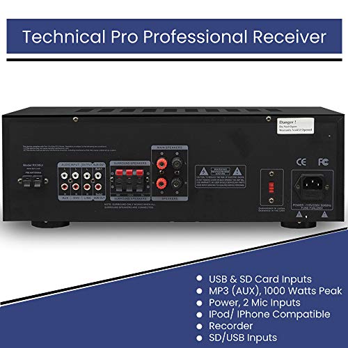 Professional Home Stereo Receiver with USB and SD Card Inputs, MP3 (AUX), 1000 Watts, 2 Mic Inputs, Recorder, Wireless Remote, FM Digital Tuner