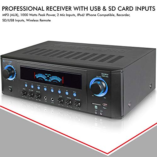 Professional Home Stereo Receiver with USB and SD Card Inputs, MP3 (AUX), 1000 Watts, 2 Mic Inputs, Recorder, Wireless Remote, FM Digital Tuner