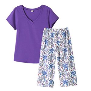 yijiu women's pajama set short sleeve top with leaf print capri pants sleepwear 2 piece pjs sets,purple,medium