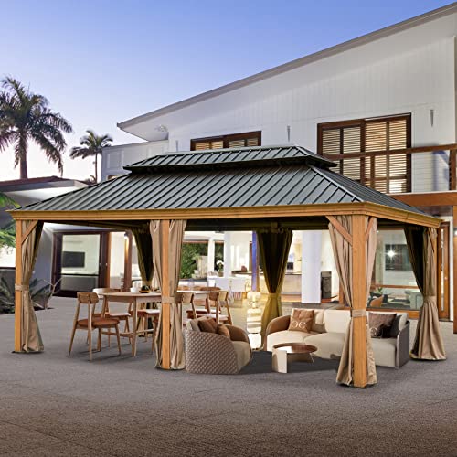 Domi Outdoor Living 12’x20’ Hardtop Gazebo, Wooden Coated Aluminum Frame Canopy with Galvanized Steel Double Roof, Outdoor Permanent Metal Pavilion with Curtains and Netting for Patio, Deck and Lawn