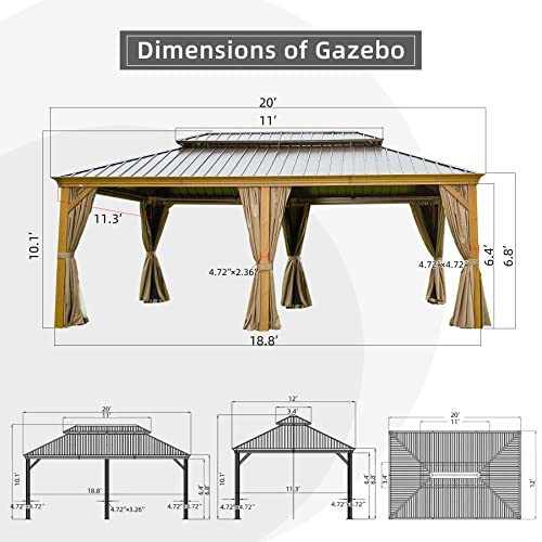 Domi Outdoor Living 12’x20’ Hardtop Gazebo, Wooden Coated Aluminum Frame Canopy with Galvanized Steel Double Roof, Outdoor Permanent Metal Pavilion with Curtains and Netting for Patio, Deck and Lawn