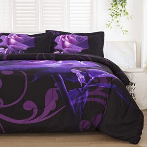 purple comforter set full reversible purple rose pattern printed bedding down comforter with 2 pillow cases for all seasons, soft microfiber bedding comforter duvet set for full bed 80"x90"