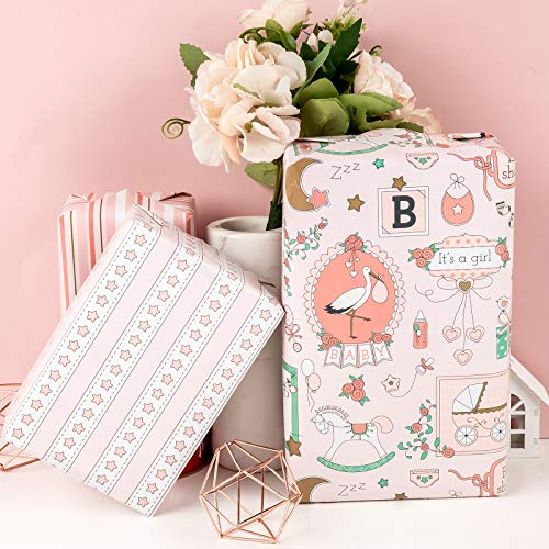 WRAPAHOLIC Reversible Wrapping Paper - 24 inch X 65.6 feet Jumbo Roll Baby Girl Design, Perfect for Kids Birthday, Party, Holiday, Baby Shower Packing