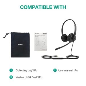 Yealink UH34 USB Wired Headset with Microphone - Stereo Headphones with Noise Cancelling,Professional Business Headphones VoIP Phone Computer Call Center Office(Ultra Light)