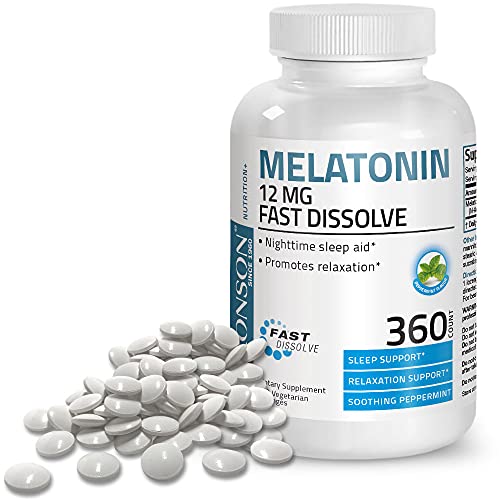 Bronson Melatonin 12mg Fast Dissolve Nighttime Sleep Aid Support & Relaxation Support, 360 Peppermint Vegetarian Lozenges