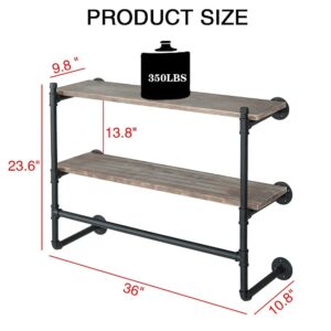 Clothes Rack with Shelf, 36in Industrial Pipe Wall Mounted Garment Rack, Space-Saving Display Hanging Pipe Clothes Rack, Heavy Duty Detachable Multi-Purpose Hanging Rod for Closet Storage (2-Layer)