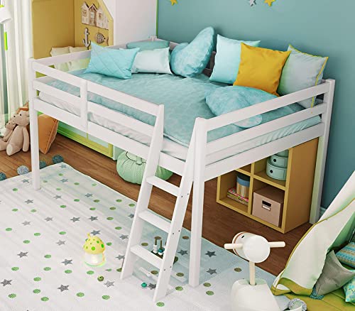 VINGLI Junior Low Loft Bed with Stairs, White Wood Loft Bed Full Size for Adults, Kids and Young Teens, No Box Spring Required,Wood Slat Support