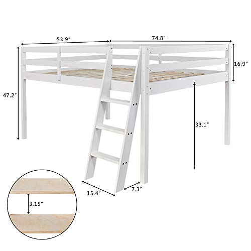 VINGLI Junior Low Loft Bed with Stairs, White Wood Loft Bed Full Size for Adults, Kids and Young Teens, No Box Spring Required,Wood Slat Support