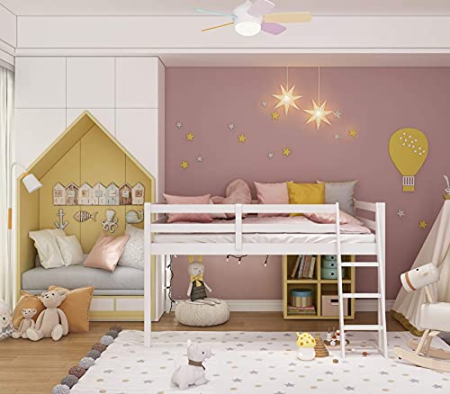 VINGLI Junior Low Loft Bed with Stairs, White Wood Loft Bed Full Size for Adults, Kids and Young Teens, No Box Spring Required,Wood Slat Support