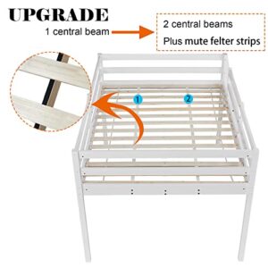 VINGLI Junior Low Loft Bed with Stairs, White Wood Loft Bed Full Size for Adults, Kids and Young Teens, No Box Spring Required,Wood Slat Support