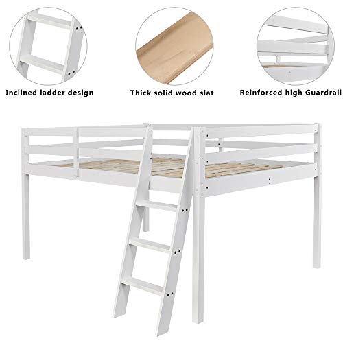 VINGLI Junior Low Loft Bed with Stairs, White Wood Loft Bed Full Size for Adults, Kids and Young Teens, No Box Spring Required,Wood Slat Support
