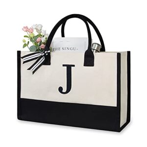topdesign embroidery initial canvas tote bag, personalized present bag, suitable for wedding, birthday, beach, holiday, is a great gift for women, mom, teachers, friends, bridesmaids (letter j)