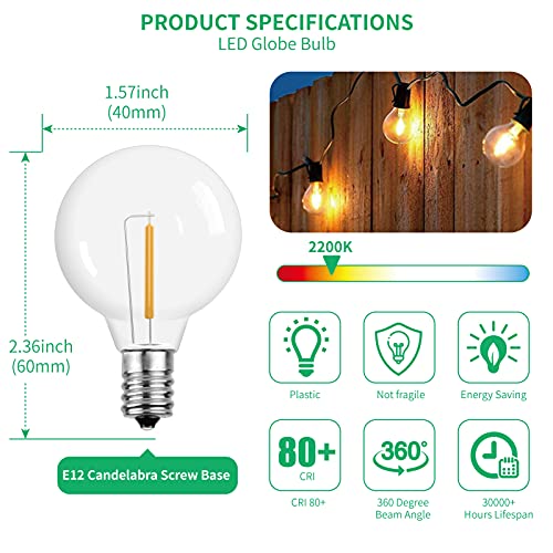 Meconard G40 Led Replacement Light Bulbs, E12 Screw Base Shatterproof Globe Bulbs for Outdoor String Lights, 1Watt Equvalent to 5 Watt Incandescent Bulbs,Warm White, 25Pack