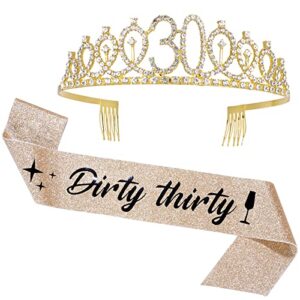 junyruny 30th birthday sash & tiara set, happy birthday decorations for women, 30th birthday gifts for her, happy dirty 30 birthday crown, supplies (gold dirty thirty)