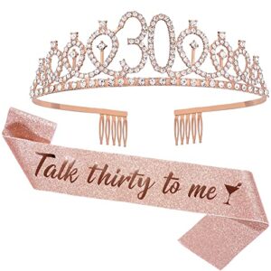 junyruny 30th birthday sash & tiara set happy birthday decorations, birthday crowns for women, 30th birthday tiara and talk thirty to me sash, birthday gifts for her (rose gold)