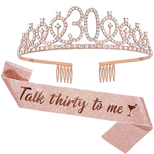 JunyRuny 30th Birthday Sash & Tiara Set Happy Birthday Decorations, Birthday Crowns for Women, 30th Birthday Tiara and Talk Thirty to me Sash, Birthday Gifts for Her (Rose Gold)