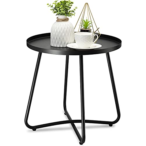 danpinera Outdoor Side Tables, Weather Resistant Steel, Small Round End Table for Patio Yard Balcony Garden Bedside Black