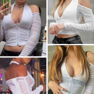 Sexy Halter Top Cold Shoulder Mesh Patchwork Long Sleeve Cropped T Shirts Women Trendy Going Out Y2k Deep V Neck Ruched Corset Crop Tops (White, M)