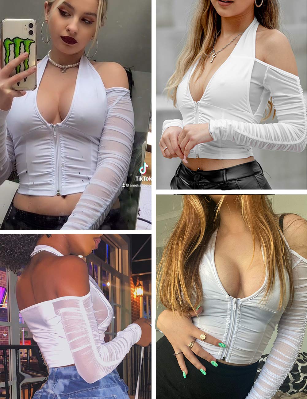 Sexy Halter Top Cold Shoulder Mesh Patchwork Long Sleeve Cropped T Shirts Women Trendy Going Out Y2k Deep V Neck Ruched Corset Crop Tops (White, M)