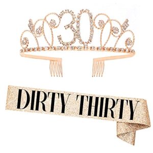 "dirty thirty" sash and rhinestone crown set - 30th birthday party gifts birthday sash for women birthday party supplies