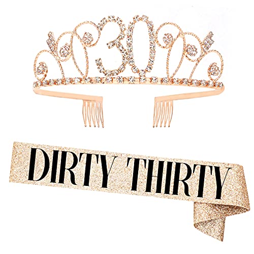 "Dirty Thirty" Sash and Rhinestone Crown Set - 30th Birthday Party Gifts Birthday Sash for Women Birthday Party Supplies