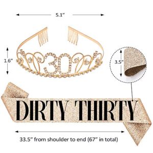 "Dirty Thirty" Sash and Rhinestone Crown Set - 30th Birthday Party Gifts Birthday Sash for Women Birthday Party Supplies