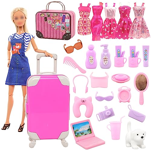 BARWA 32 Pcs Doll Suitcase Luggage Travel Clothes and Accessories for 11.5 inch Girl Doll Travel Carrier Storage, Including 1 Luggage 1 Suitcase 23 Travel toiletries 5 Dresses 1 Puppy 1 Computer…