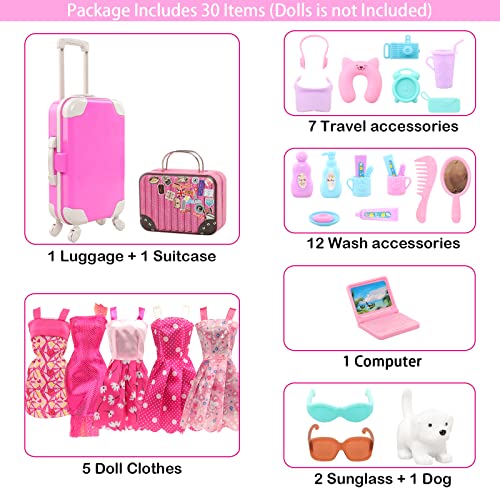 BARWA 32 Pcs Doll Suitcase Luggage Travel Clothes and Accessories for 11.5 inch Girl Doll Travel Carrier Storage, Including 1 Luggage 1 Suitcase 23 Travel toiletries 5 Dresses 1 Puppy 1 Computer…