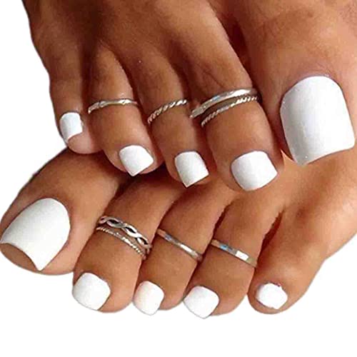 Outyua Solid Square Fake Toenails Matte Press on Toe Nails Short Acrylic False Toes Nails Cute Artificial Beach Full Cover Toenail White for Women and Girls 24Pcs (White)