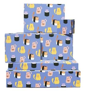 central 23-6 wrapping paper sheets - blue sushi cats - fun gift wrap for kids - boys girls - men women - birthday wrap - recyclable 6 count (pack of 1)