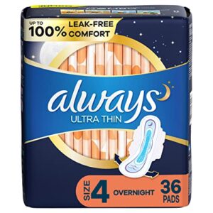 always ultra thin pads size 4 overnight absorbency unscented with wings, 36 count
