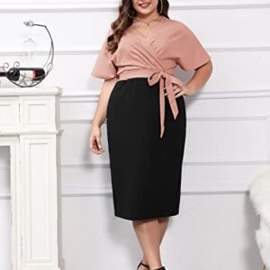 Wedding Guest Dress for Women Vintage Short Sleeve Slim Fit Belted V Neck Wrap Dresses Pink Black L