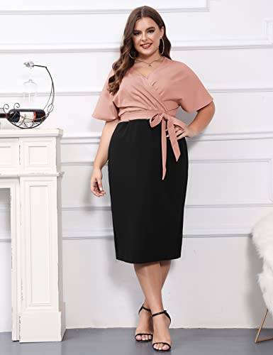 Wedding Guest Dress for Women Vintage Short Sleeve Slim Fit Belted V Neck Wrap Dresses Pink Black L